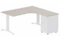 Plan Compact 90° asymétrique 160x162x80/60cm retour à droite avec caisson HB métal 3 tiroirs, acacia/blanc