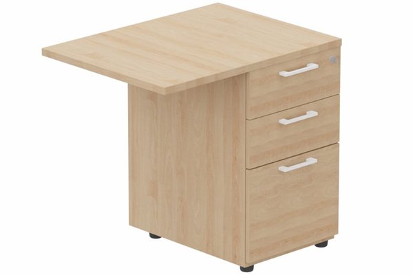 Gamme K8 - Extensions - Plans droits - Extension retour direct sur caisson HB mélaminé 120 x 60 cm, 3 tiroirs, plateau hêtre, structure blanc
