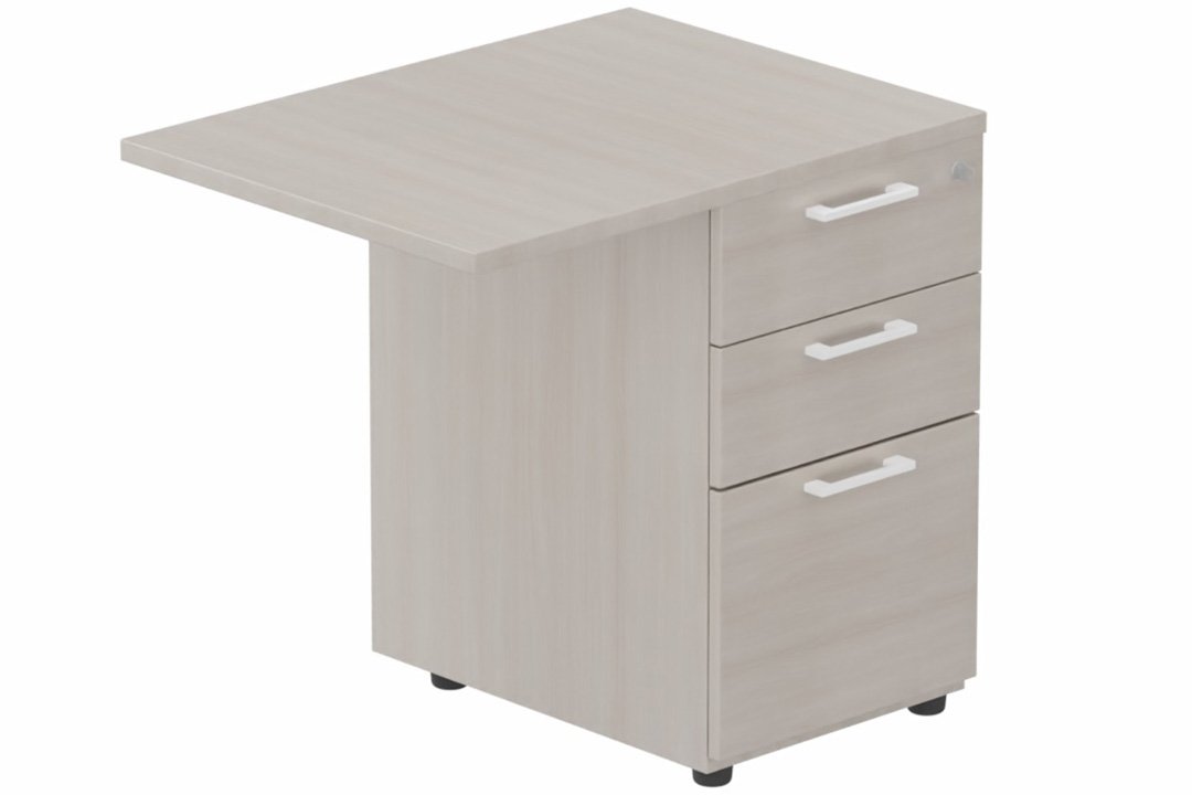 Extension retour direct sur caisson HB mélaminé 120 x 60 cm, 3 tiroirs, plateau acacia, structure blanc