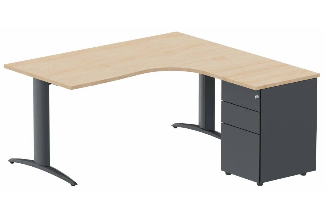 Plan Compact 90° asymétrique 160x162x80/60cm retour à droite avec caisson HB métal 3 tiroirs hêtre/anthracite