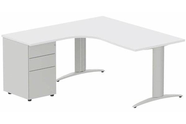 Gamme K2 - Plans compacts - Plan Compact 90° asymétrique 160x162x80/60cm retour à gauche avec caisson HB métal 3 tiroirs blanc/aluminium - sur délai