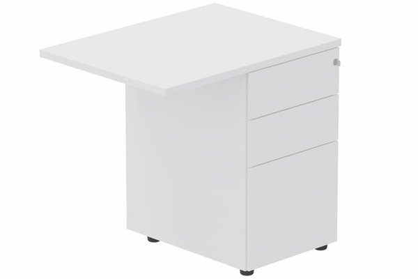 Gamme K8 - Extensions - Plans droits - Extension retour direct sur caisson HB métal 80 x 60 cm, 3 tiroirs, plateau blanc, structure blanc