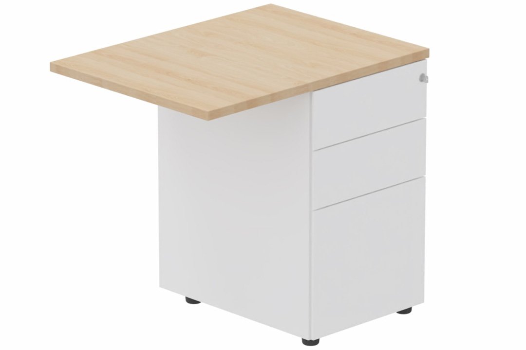 Extension retour direct sur caisson HB métal 100 x 60 cm, 3 tiroirs, plateau hêtre, structure blanc