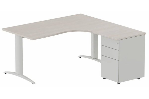 Gamme K2 - Plans compacts - Plan Compact 90° asymétrique 180x162x80/60cm retour à droite avec caisson HB métal 3 tiroirs, acacia/alumin