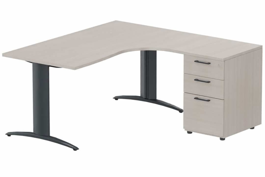 Plan Compact 90° asymétrique 160x162x80/60cm retour à droite avec caisson HB bois 3 tiroirs, acacia/anthracite