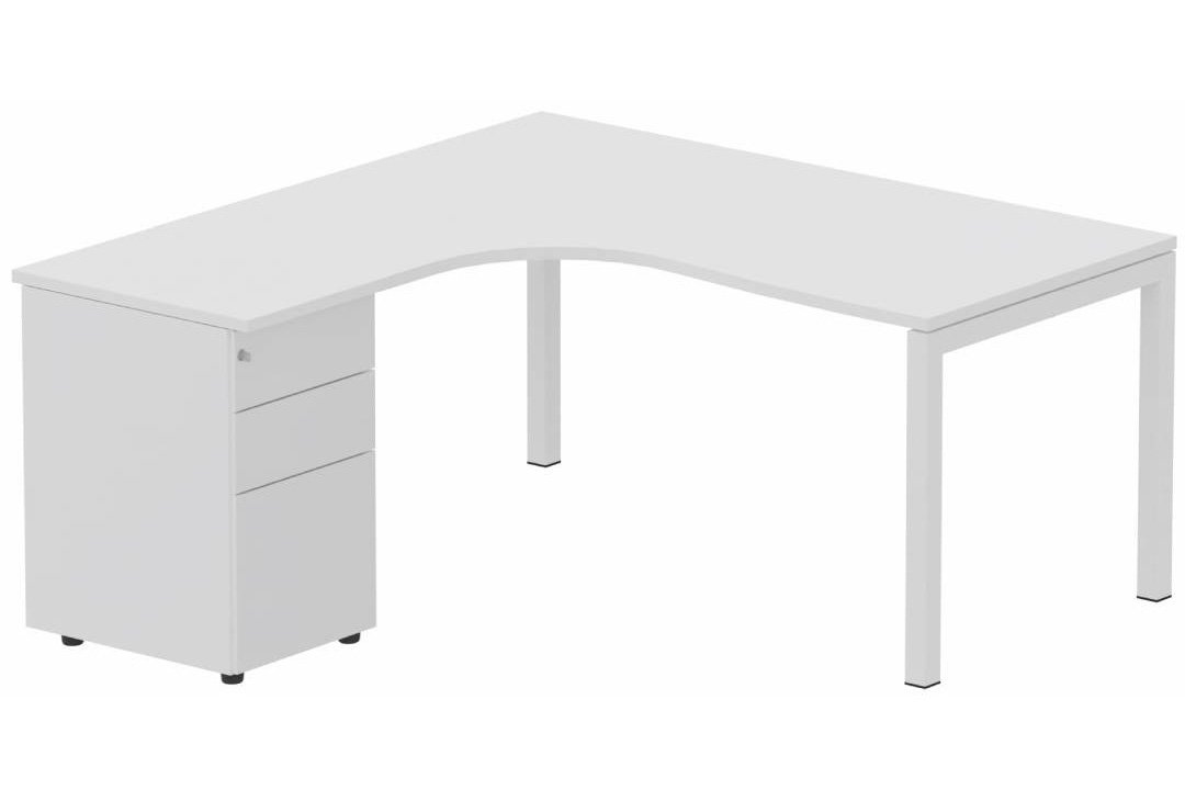 Plan Compact 90° asymétrique 160x162x80/60cm retour à gauche avec caisson HB métal 3 tiroirs blanc/blanc