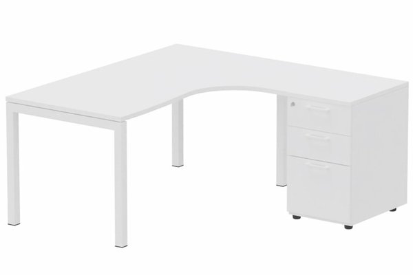 Gamme K3 - Plans compacts - Plan Compact 90° asymétrique 160x162x80/60cm retour à droite avec caisson HB bois 3 tiroirs blanc/blanc - sur délai