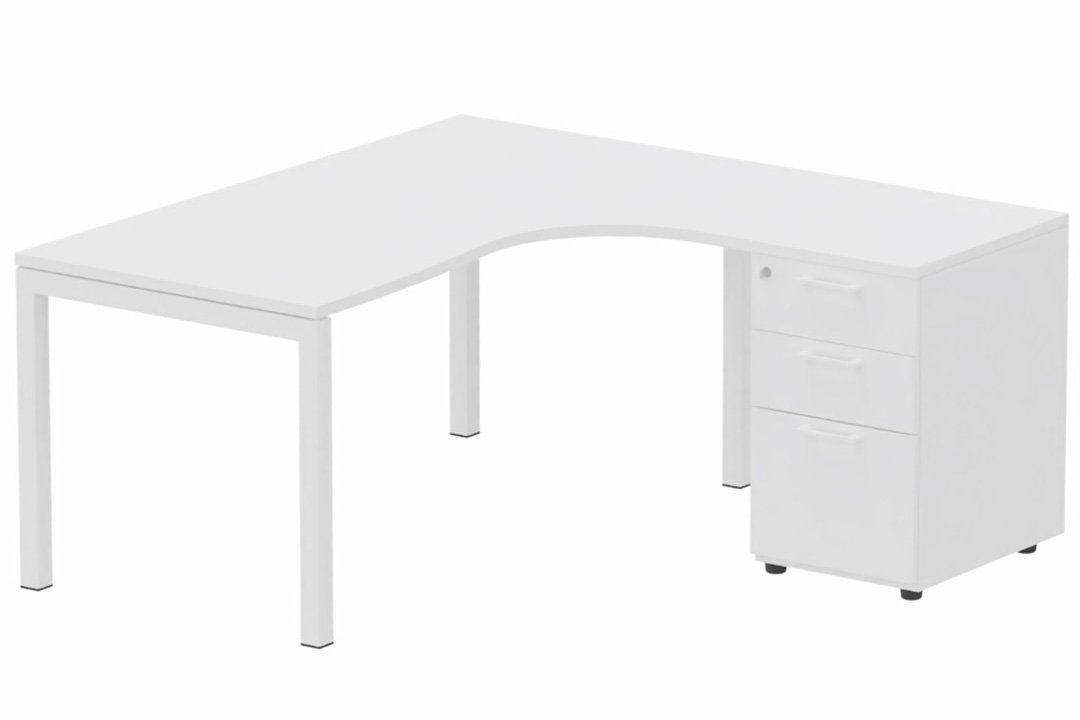 Plan Compact 90° asymétrique 160x162x80/60cm retour à droite avec caisson HB bois 3 tiroirs blanc/blanc - sur délai