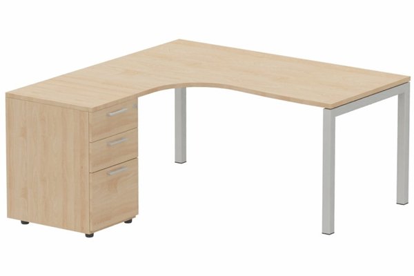 Gamme K3 - Plans compacts - Plan Compact 90° asymétrique 160x162x80/60cm retour à gauche avec caisson HB bois 3 tiroirs hêtre/aluminium