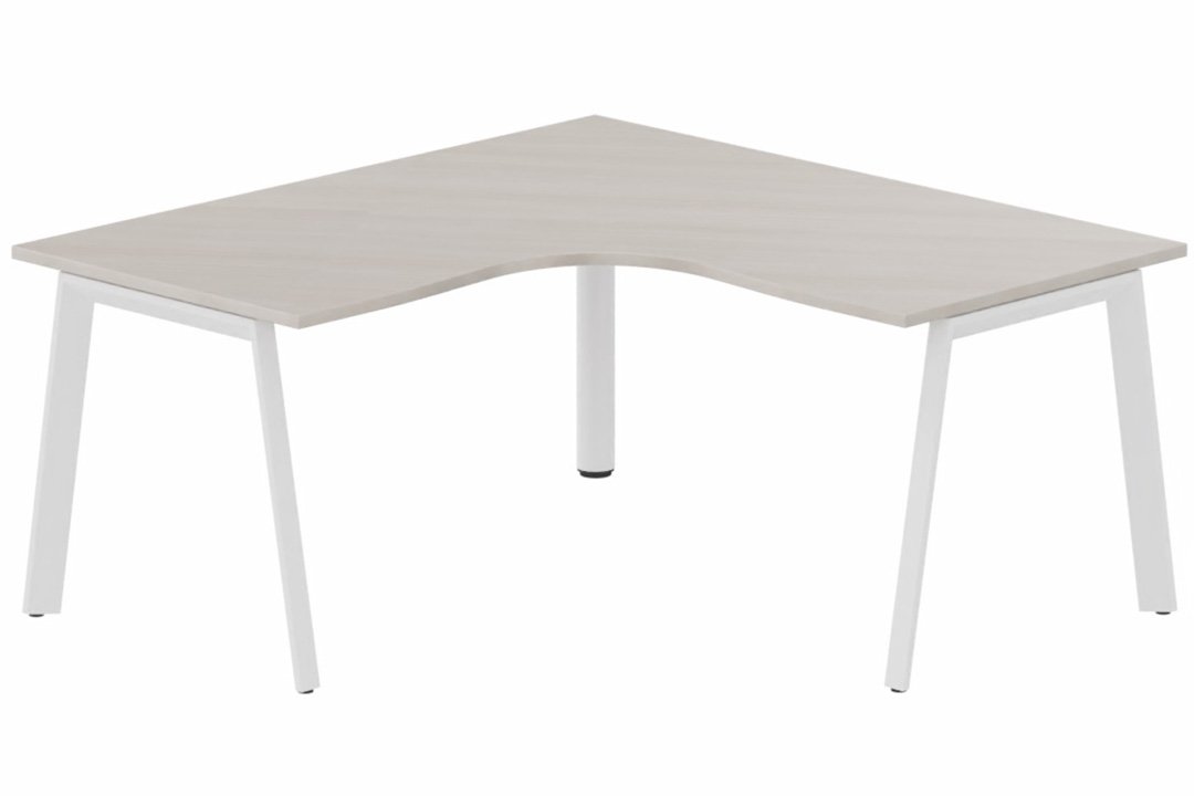 Plan compact 90° symétrique 160 x 160 / 80 cm, structure pied d'angle, plateau acacia, structure blanc